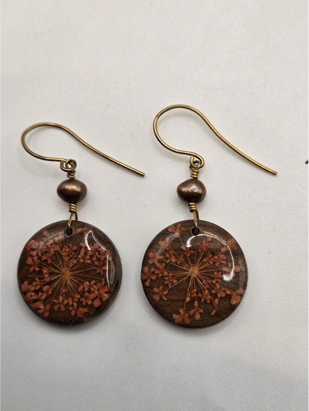 Handmade Pressed Queen Anne's Lace Resin Earrings Copper Dangle Boho Botanical